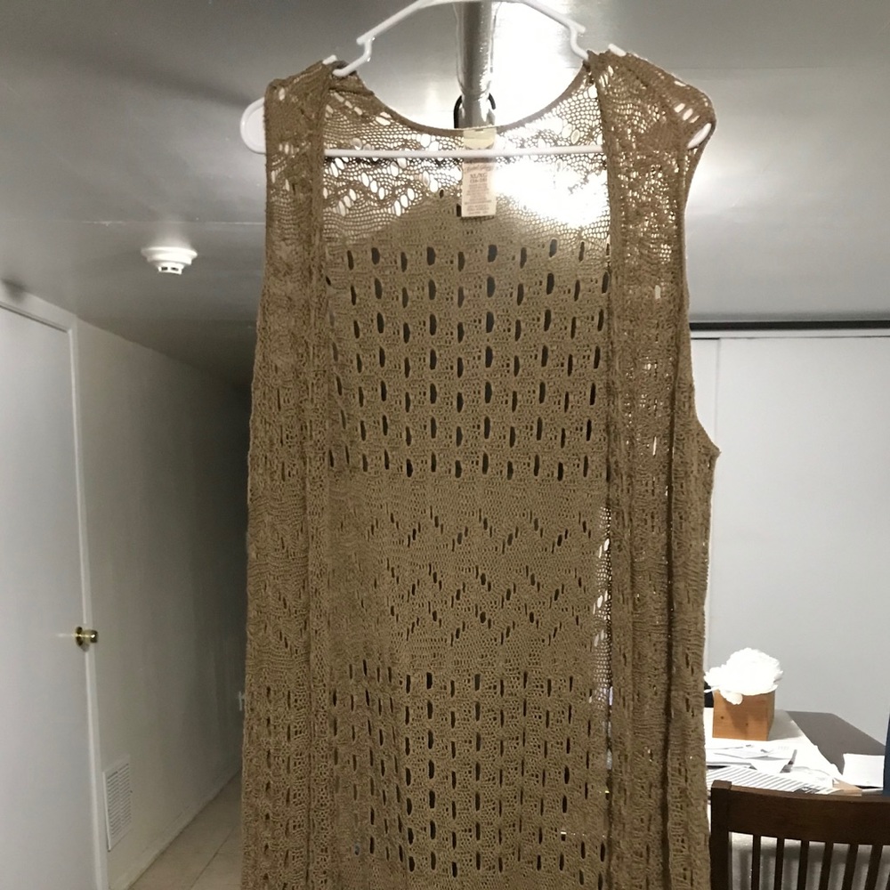 Super cute long light brown cardigan with fringe!